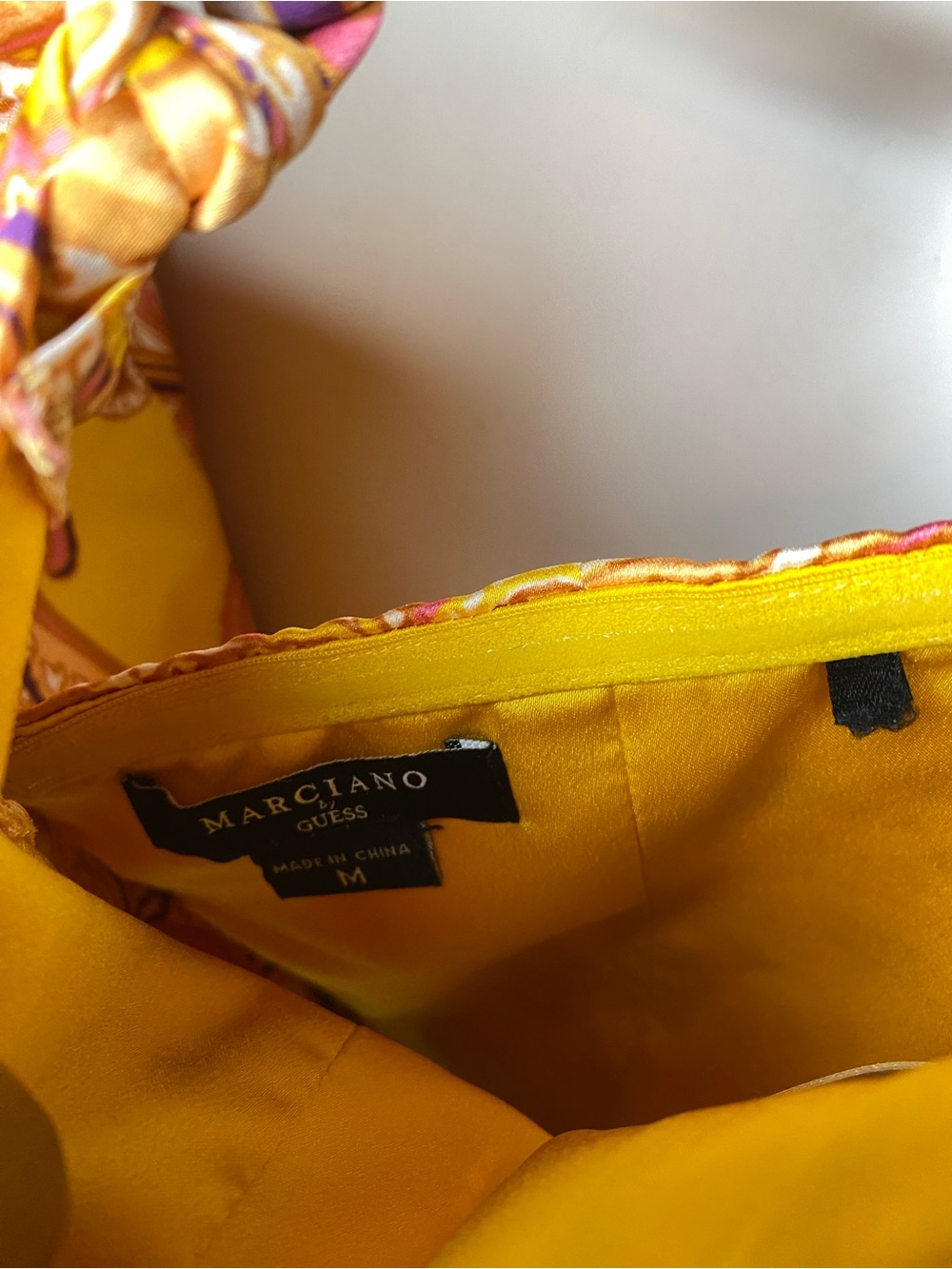 GUESS Women's Yellow Paisley Ruched Satin Crop Top - Picture 3 of 4